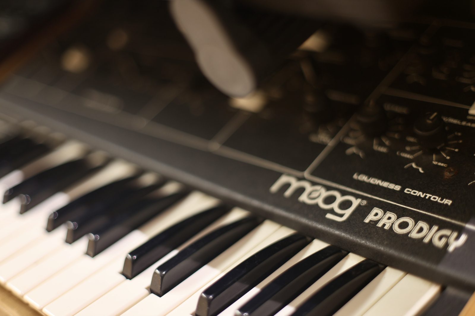 Close-up of a Moog Prodigy keyboard at noiseburg studio.